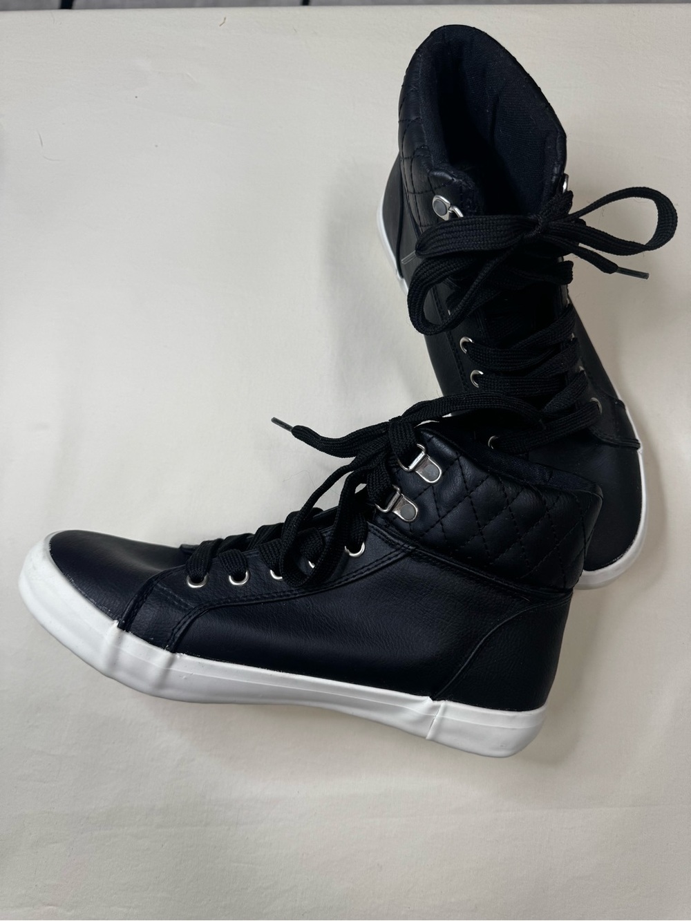 JustFab Black High-Top Quilted Lace-Up Sneakers with White Sole